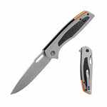 Couteau pliant gris vu ouvert et fermé, entretoise orange au talon et clip de fixation