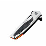 Couteau pliant gris fermé, insert noir quadrillé et entretoise orange