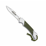 Couteau pliant K25 Commando ouvert, lame marquée Commando, manche G10 vert à mitres acier et dragonne verte