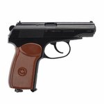 Pistolet Makarov vu du côté droit, culasse noire et crosse brune