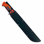 Machette Zombie Killer rangée dans son étui en Cordura noir riveté, manche orange retenu par une patte à pression