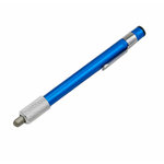 Aiguiseur stylo à corps bleu, bague métallique moletée et pointe diamantée rentrée, agrafe métallique