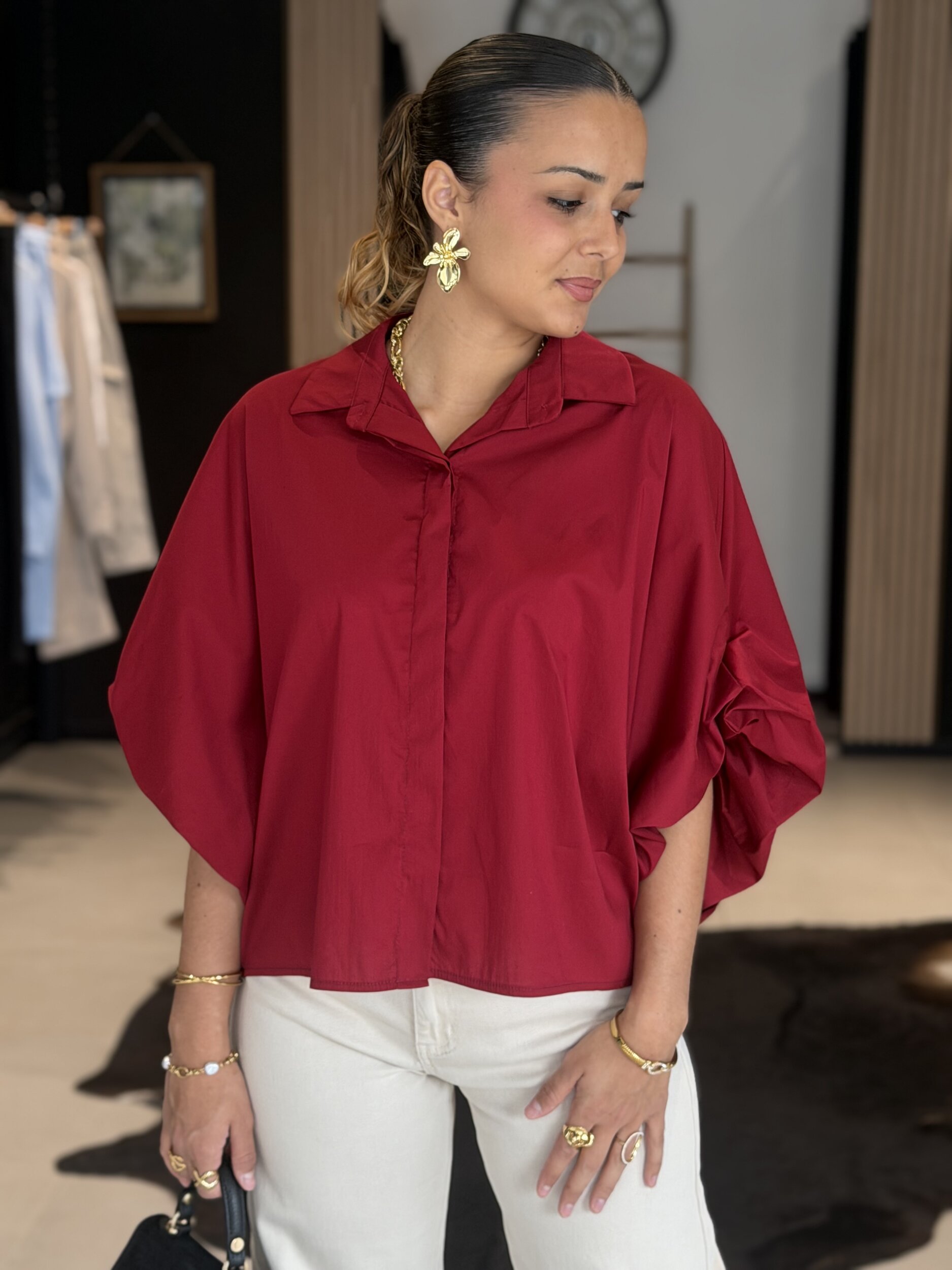 Chemise femme fluide rouge MELANIE à manches 3/4 – Perle des Îles