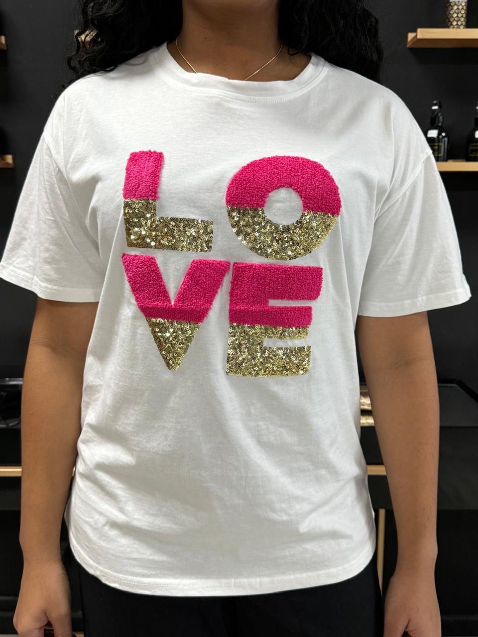 Tee shirt LOVE perle des iles 974 mode femme taille unique rose vif et pailette doré or