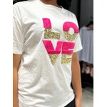 Tee shirt LOVE perle des iles 974 mode femme taille unique rose vif et pailette doré or