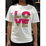 Tee shirt LOVE perle des iles 974 mode femme taille unique rose vif et pailette doré or