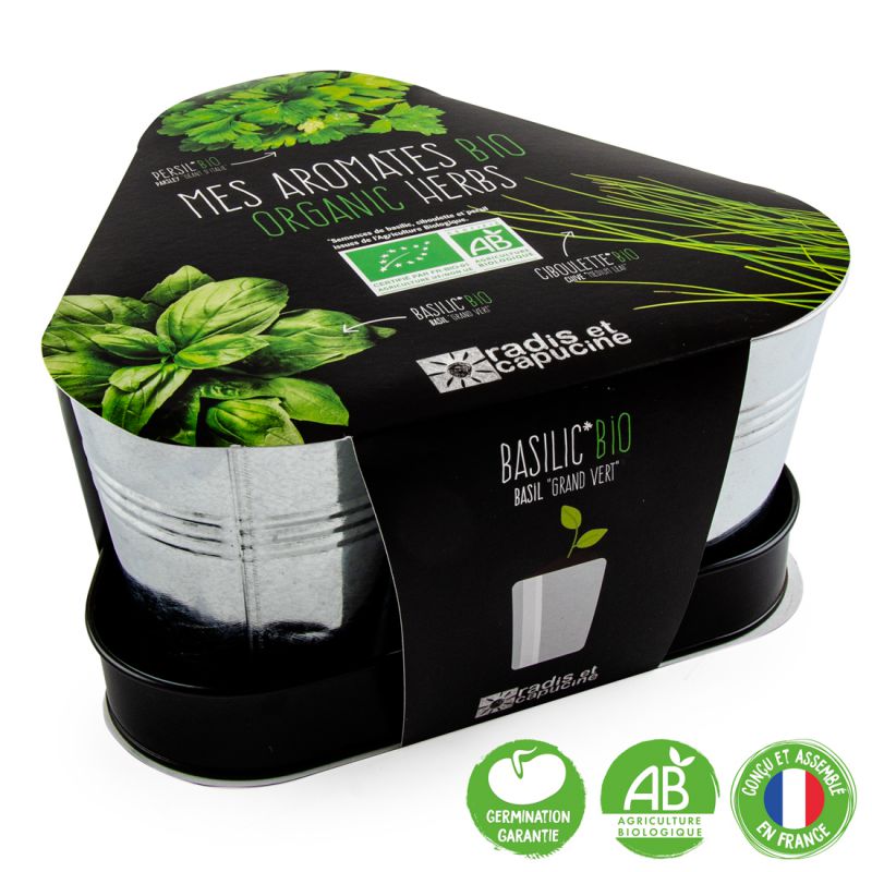 Caisse d'Herbes Aromatiques (Basilic, Ciboulette, Persil) Bio