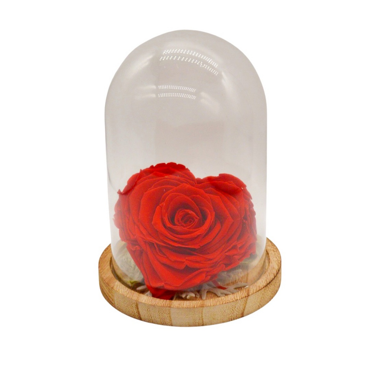 Je t’aime : rose éternelle rouge en forme de cœur sous cloche en verre