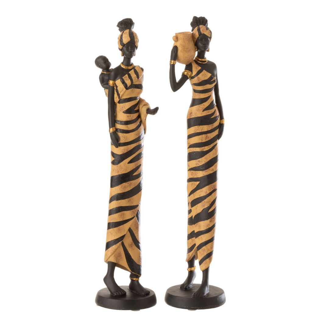 2 figurines africaine qui représentent 2 femmes avec un bébé et une calebasse