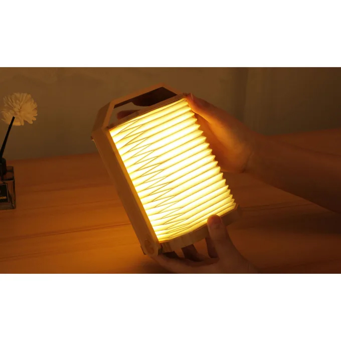 Lampe accordéon allumée entre deux mains