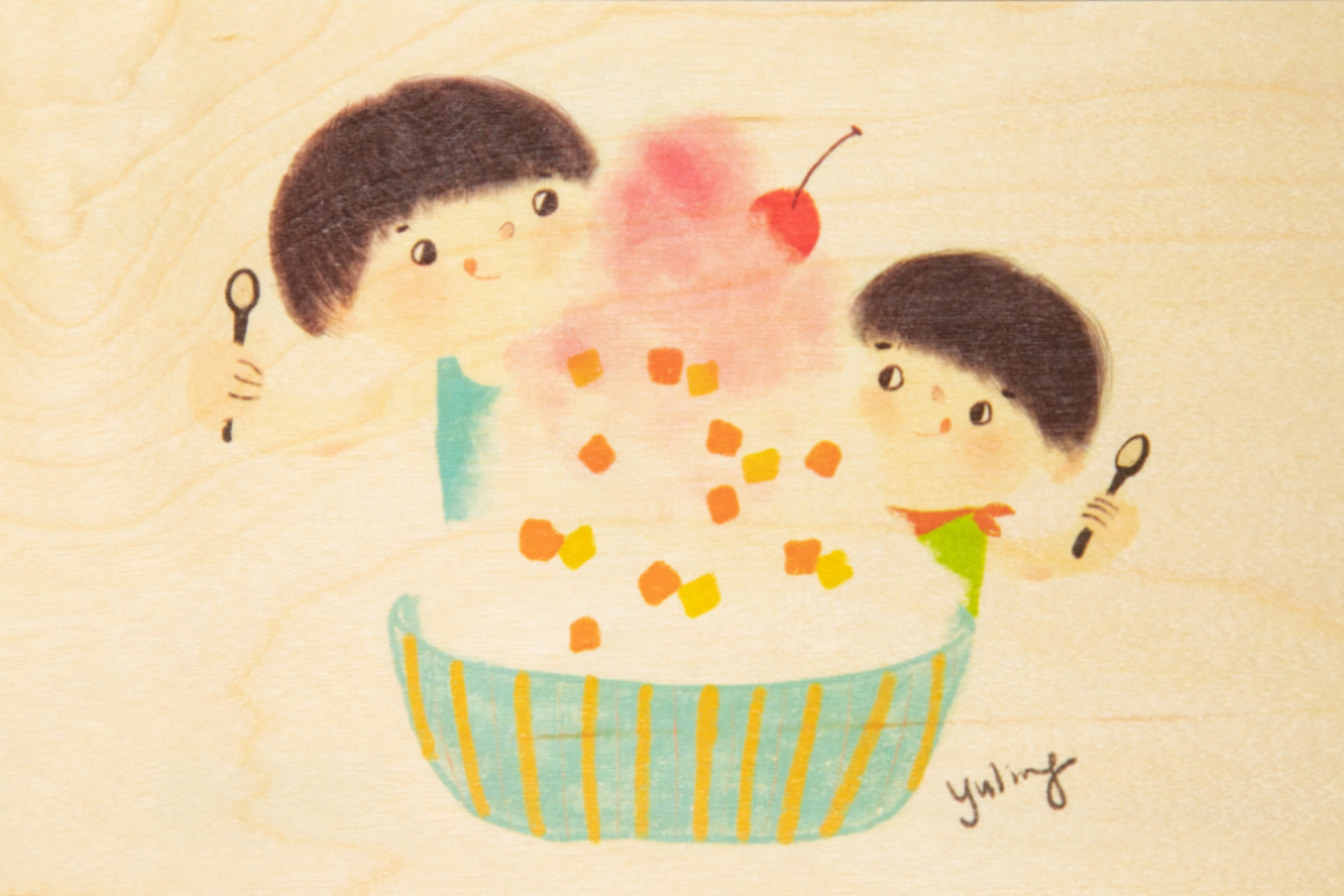 Carte postale en bois Enfants aux cakes