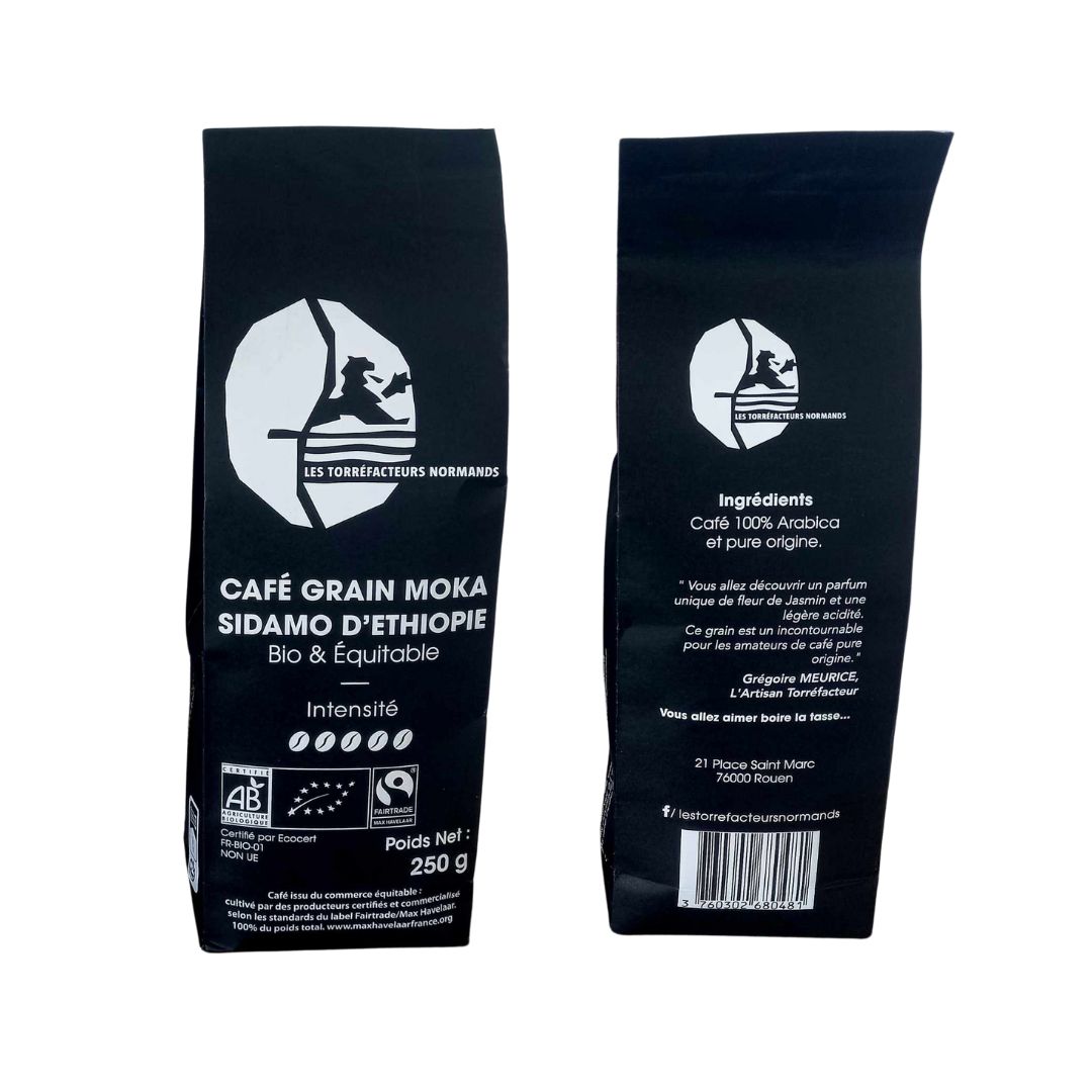 Café en grain Moka dEthiopie bio et équitable 250gr recto verso