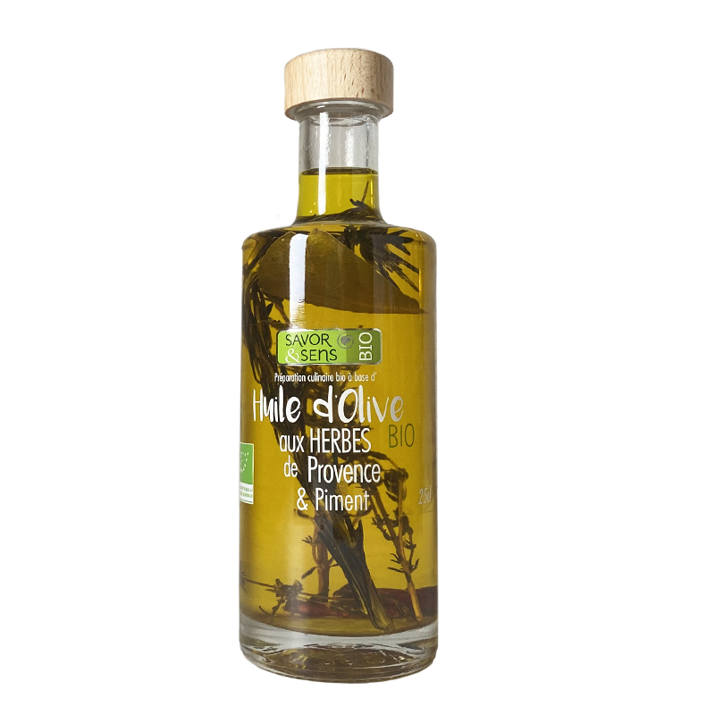 Huile d\'olive bio aux herbes de Provence et piment 25cl