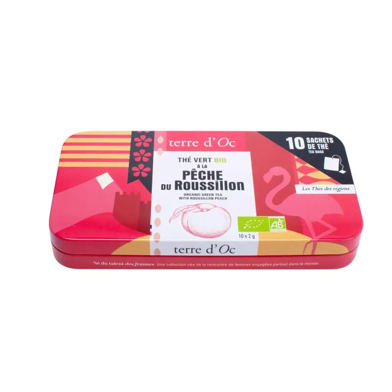 Thé bio vert pêche infusé de nos régions / boite nomade / 10 sachets