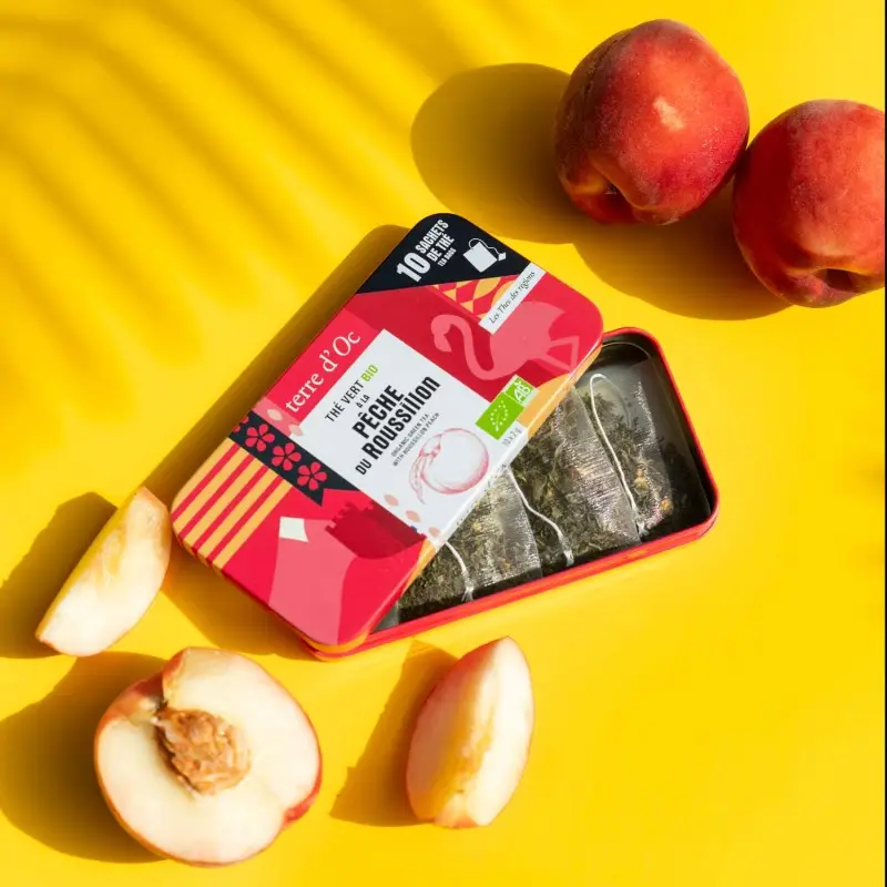 Thé bio vert pêche infusé de nos régions / boite nomade / 10 sachets
