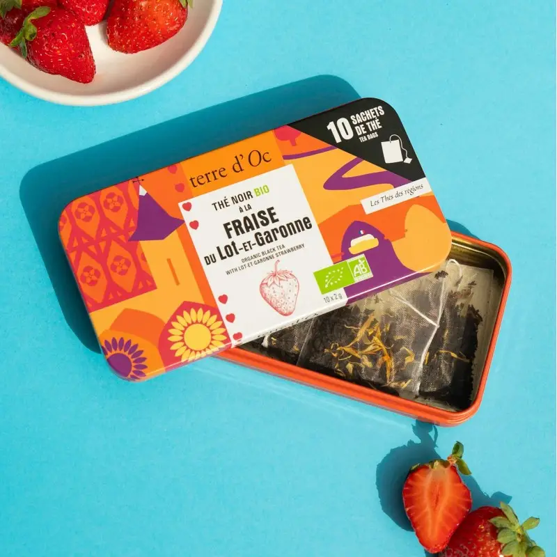 Thé bio noir fraise infusé de nos régions / boite nomade / 10 sachets