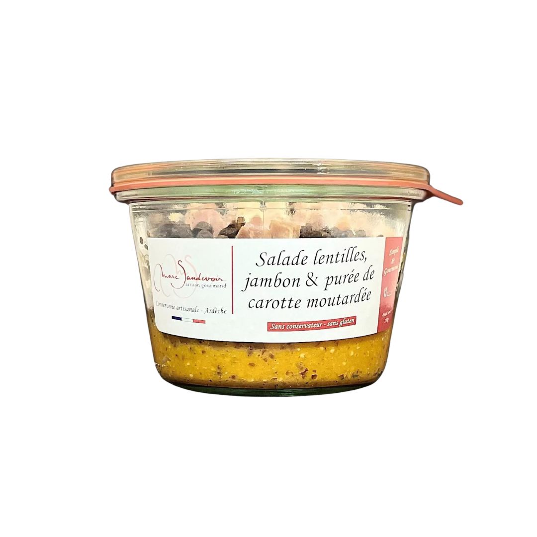 Salade lentilles, jambon & purée de carotte moutardée