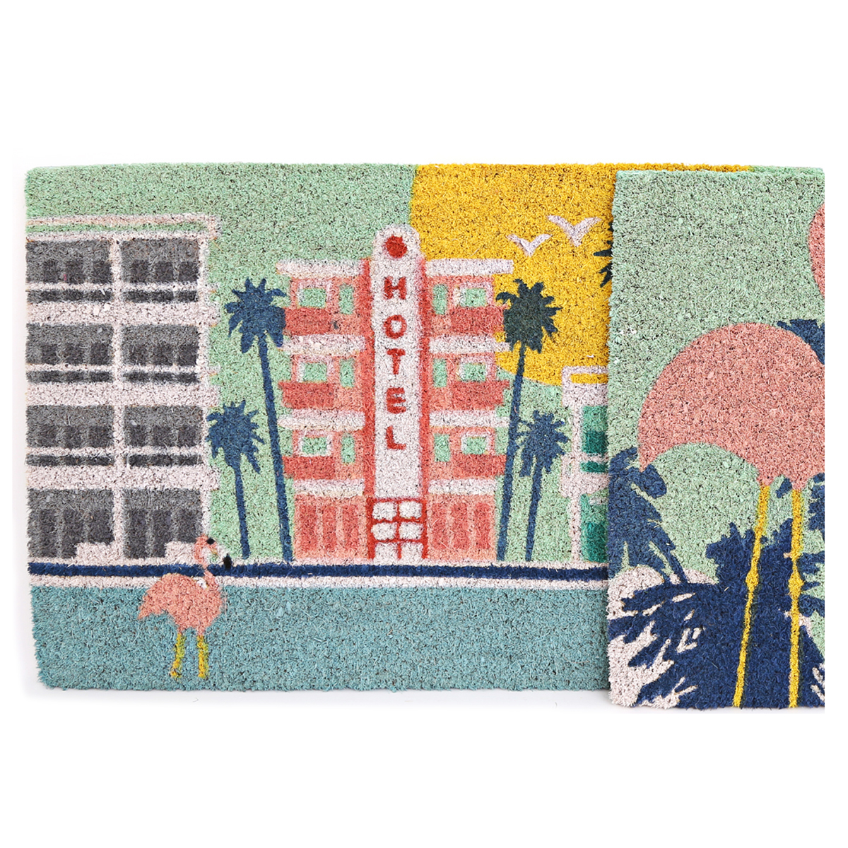 Paillasson paille \'South Beach\' multicolore (Flamant rose- hotel) - 60x40 cm - [A0015]