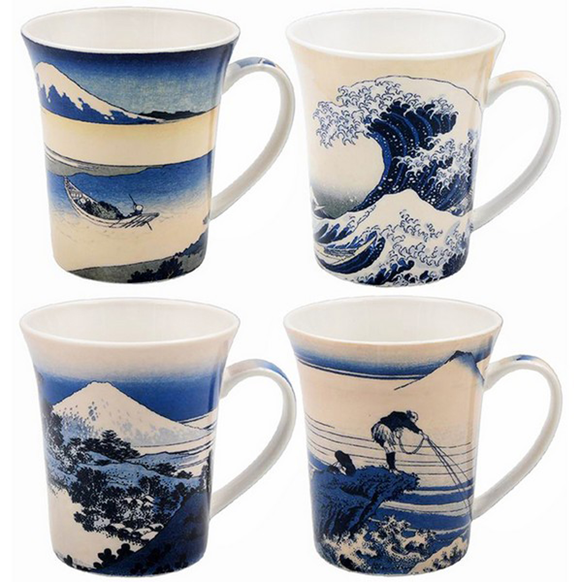 Coffret mugs porcelaine \'Hokusai\' bleu (La Grande Vague de Kanagawa)  - 10x85 cm (4 mugs) - [A0197]