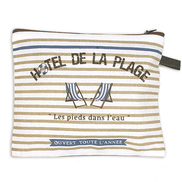 Trousse plate coton \'Cabourg - Hotel de la Plage\' bleu beige - 20x16 cm - [A0274]