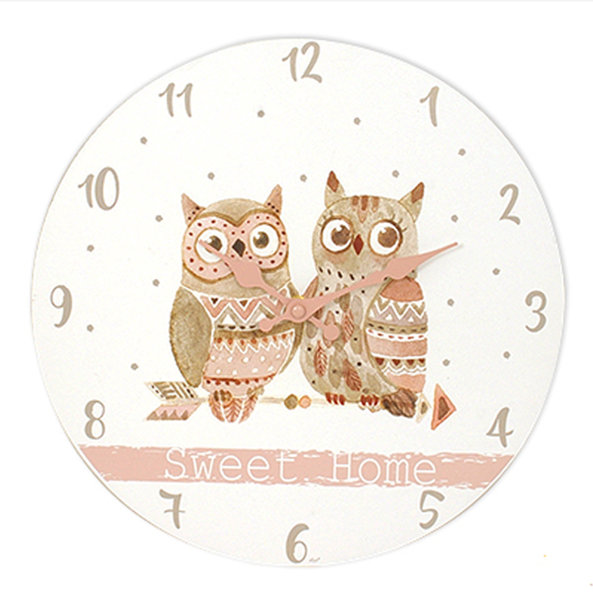 Horloge Murale bois \'Chouettes\' beige blanc (sweet home) - 30 cm - [A0298]