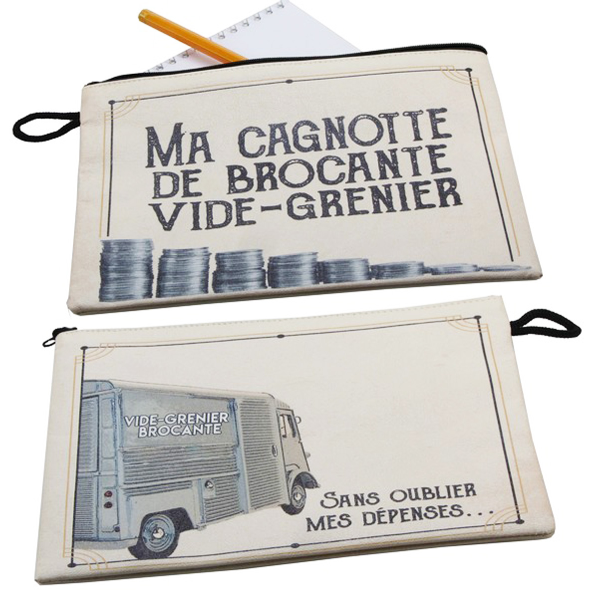 Pochette plate \'Ma Cagnotte Brocante Vide-Grenier\' gris - 21x16 cm - [A0480]