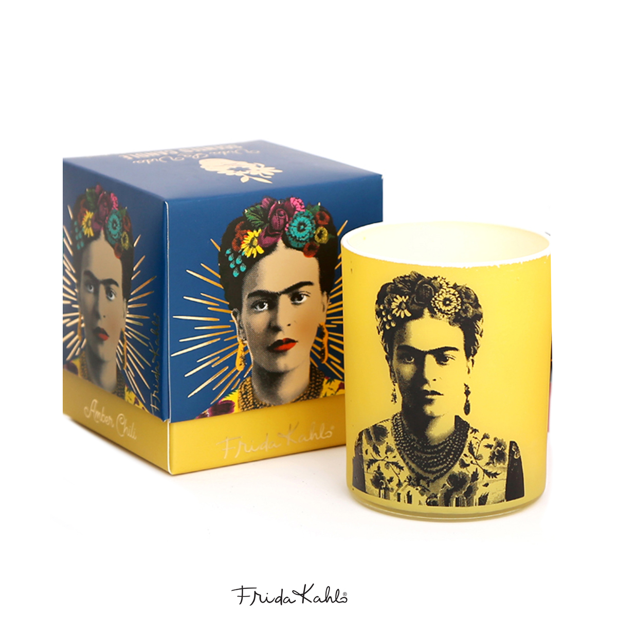 Bougie parfumée \'Frida Kahlo\' jaune (Amber Chili) - 8x7 cm - [A0613]