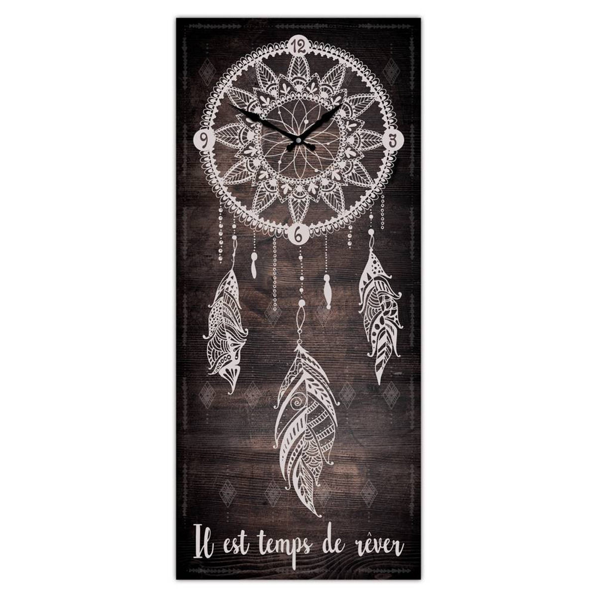 Horloge Murale bois \'Boho\' marron (Il est temps de rêver - dreamcatcher) - 70x30 cm - [A0642]