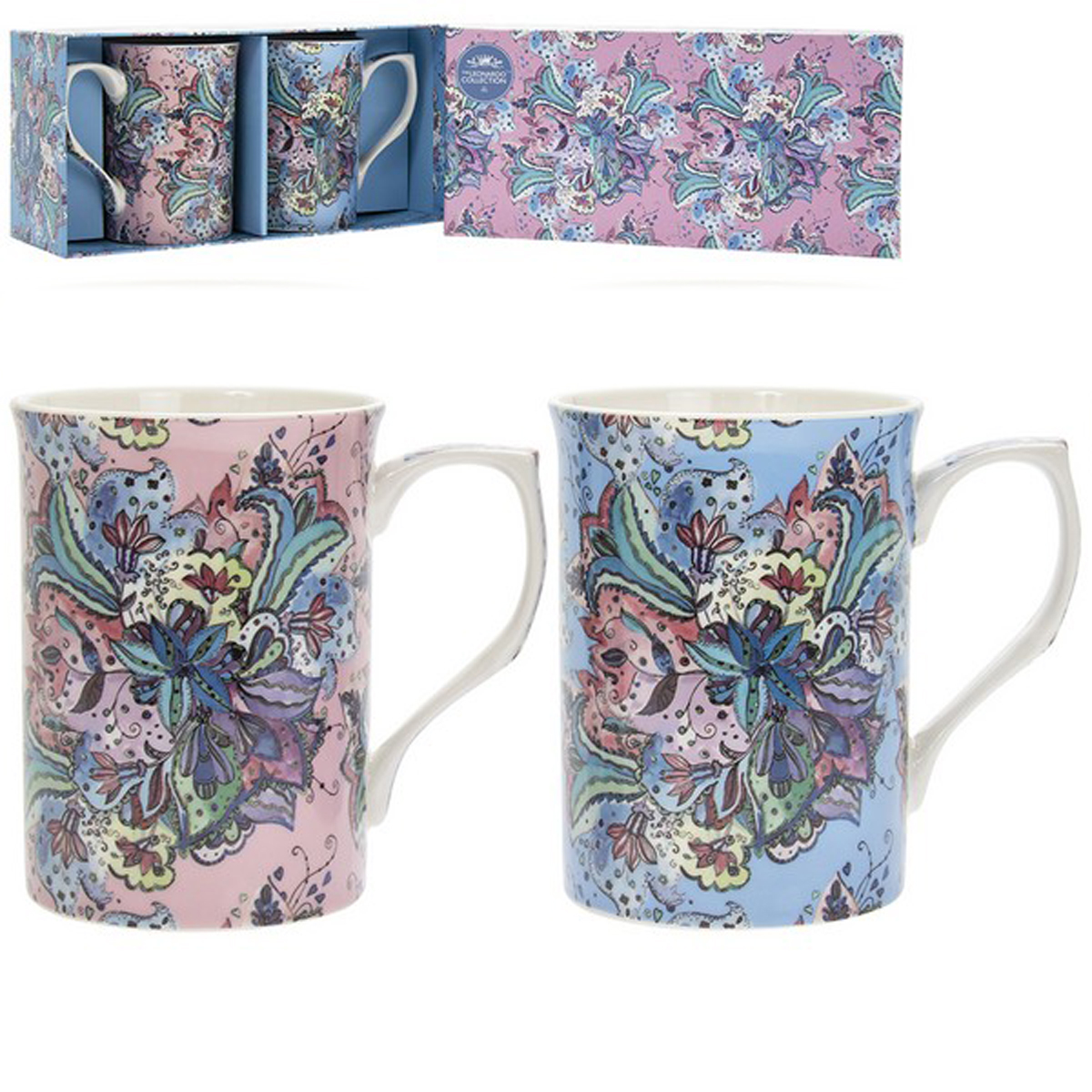Coffret 2 mugs porcelaine \'Lucerne\' rose bleu - 10x75 cm (léopard) - [A0733]