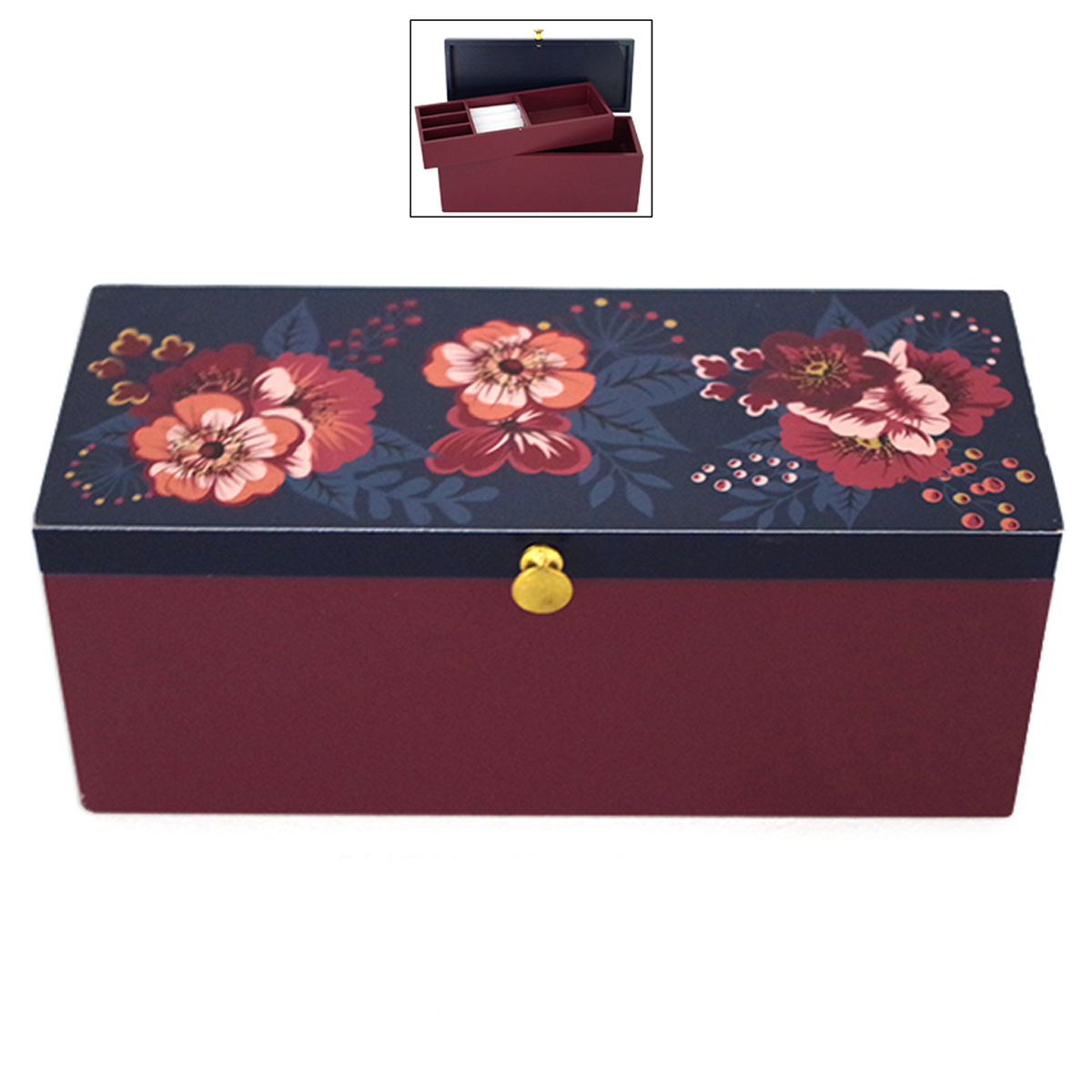 Coffret à Bijoux bois \'Osaka\' bleu rose (fleurs) - 20x9x8 cm - [A1157]