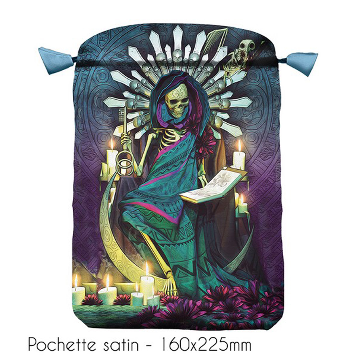 Pochette tarot satin \'Santa Muerte\' violet vert - 22x16 cm - [A1508]