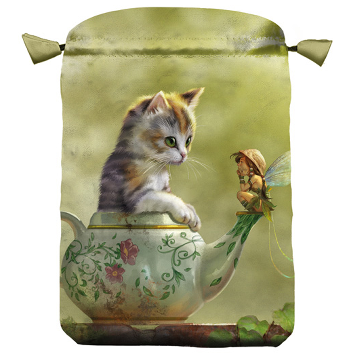 Pochette tarot satin \'Fantasy Cats\' vert - 22x16 cm - [A1512]