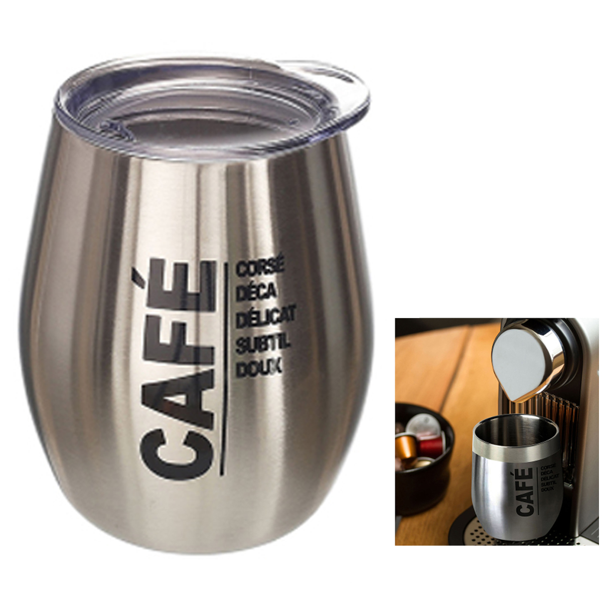 Mug de transport design \'Café\' argenté (acier) - 10x8 cm (20 cl) - [A1732]