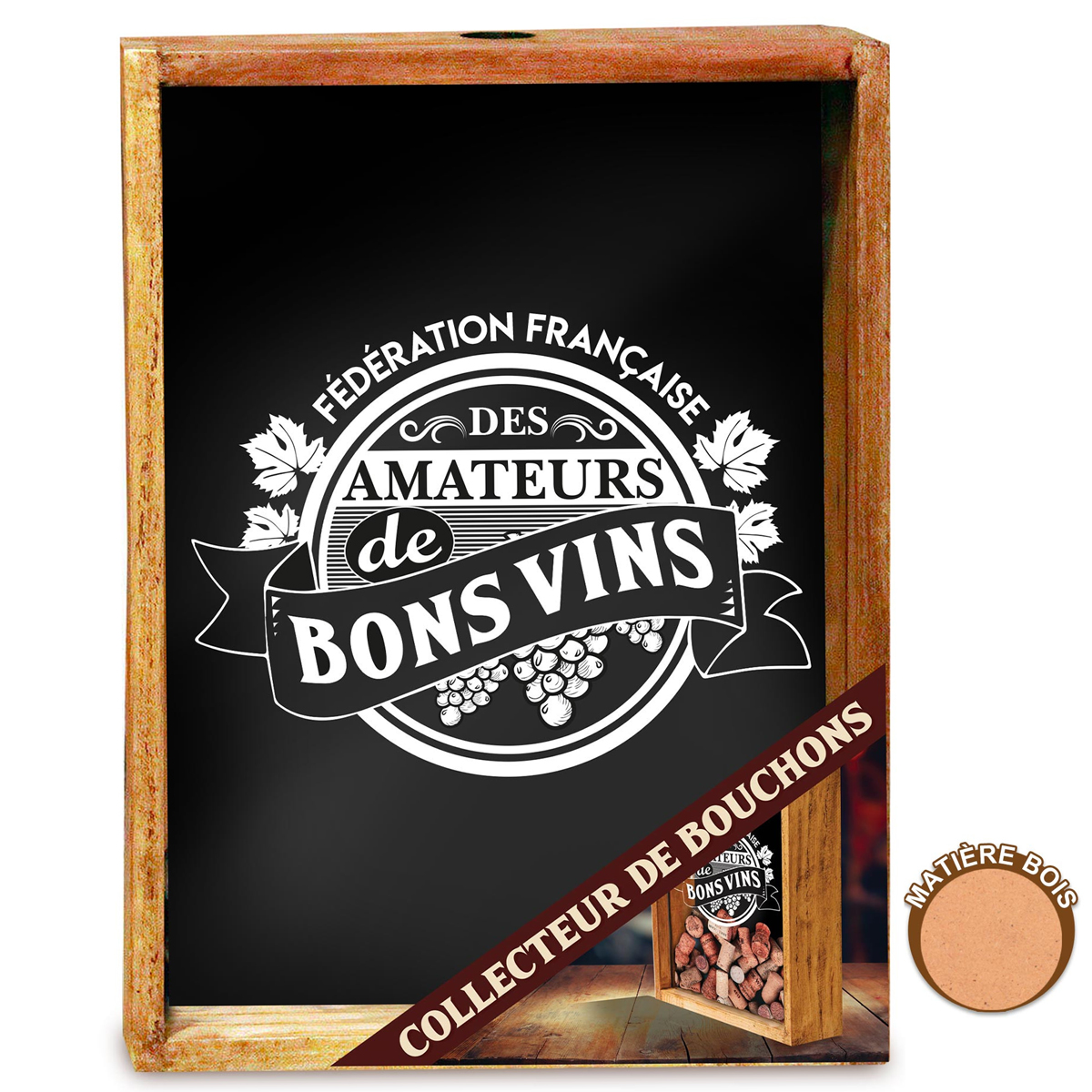 Collecteur Bouchons de vins \'FF Amateurs de Bons Vins\' (bois) - 25x19x8 cm - [A2015]
