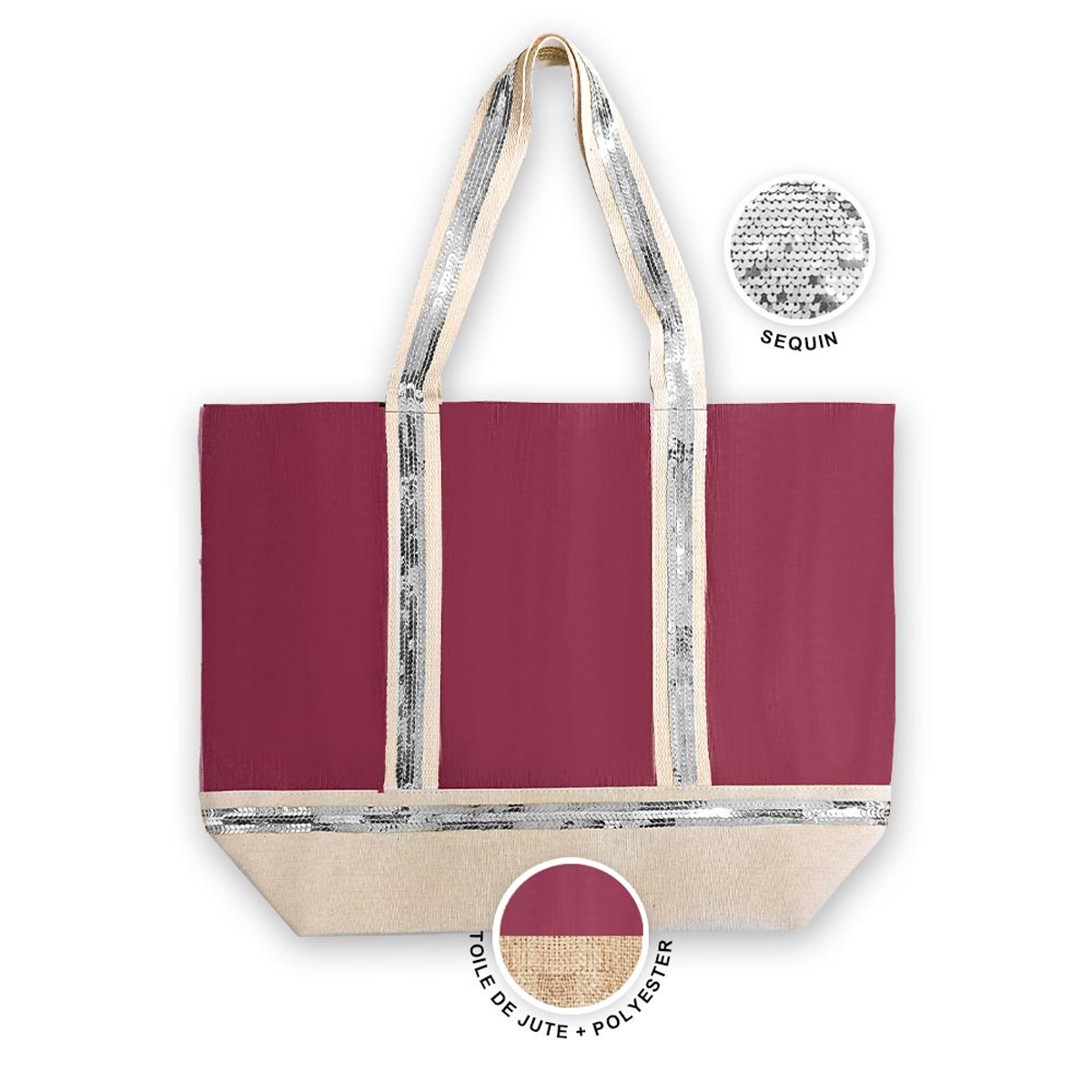 Sac cabas toile sequins \'Scarlett\' bordeaux beige - 52x38 cm - [A2141]
