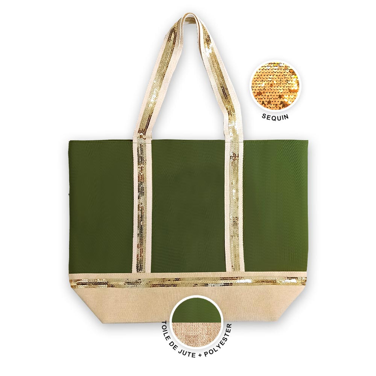 Sac cabas toile sequins \'Scarlett\' vert beige - 52x38 cm - [A2144]