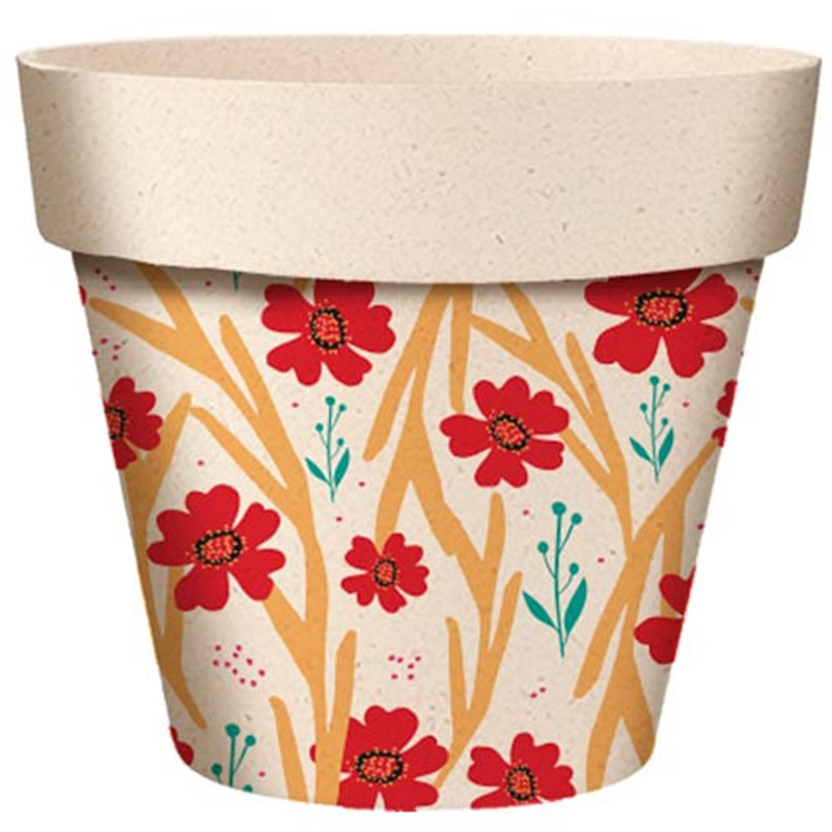 Cache-pot bambou \'Fleurs\' rouge beige  - 22x21 cm - [A2161]