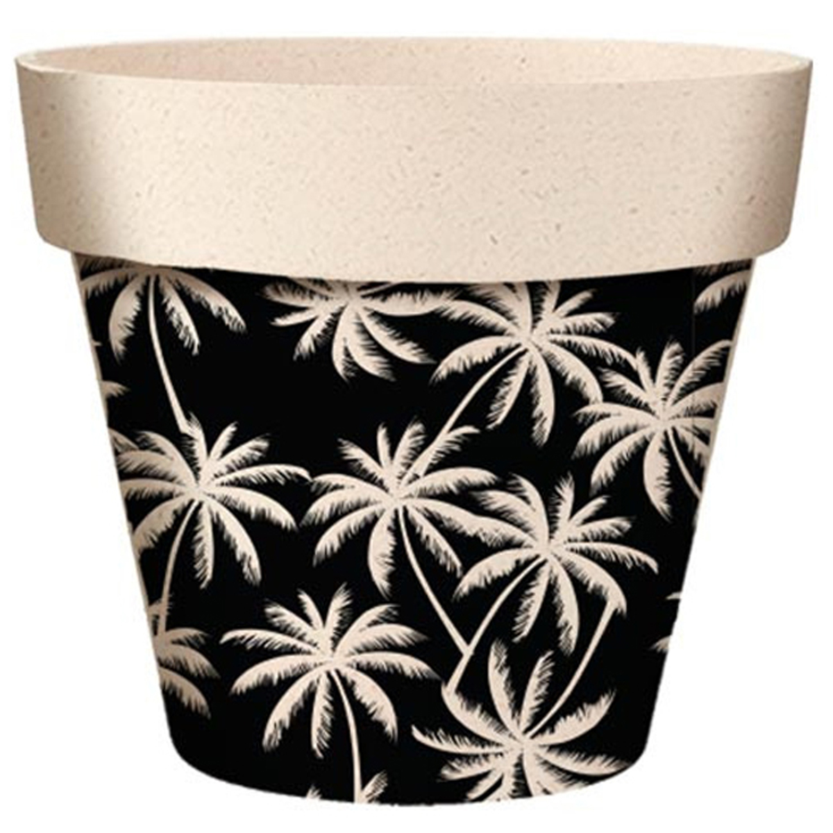 Cache-pot bambou \'Tropical\' noir beige  - 22x21 cm (palmiers) - [A2162]