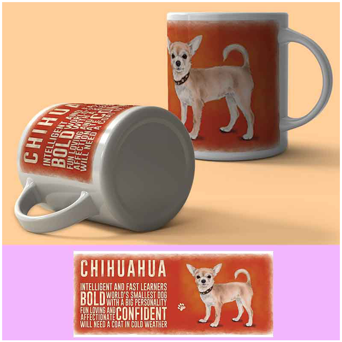 Mug céramique \'Chiens\' orange (chihuahua) - 95x80 mm - [A2177]