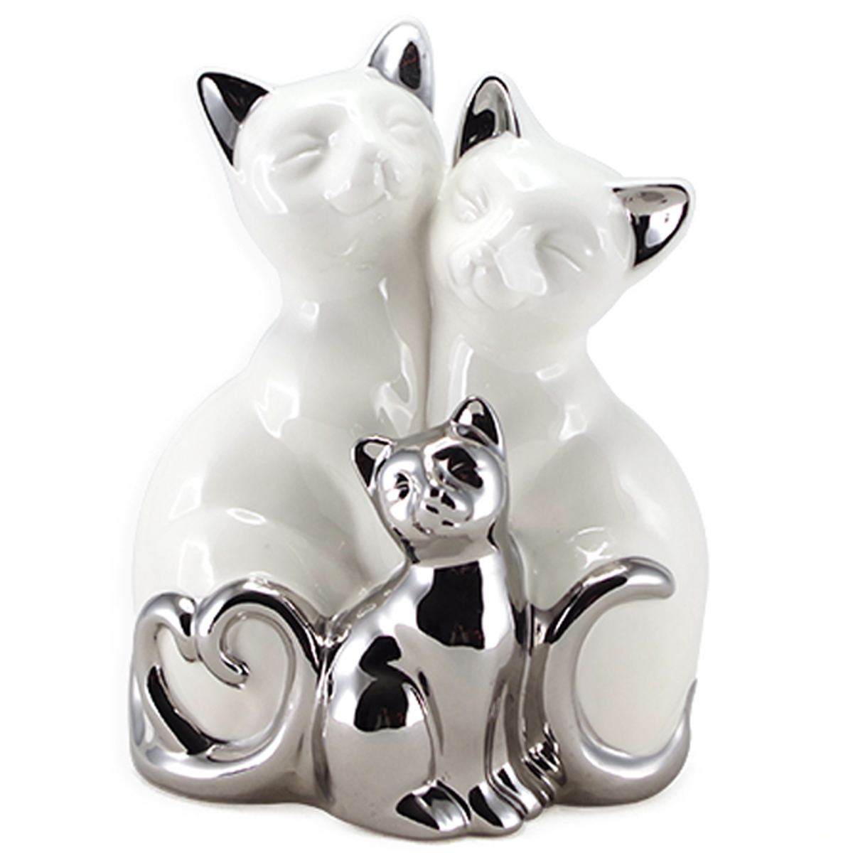Figurine céramique \'Chats\' argenté blanc (famille) - 20x16x10 cm - [A2471]