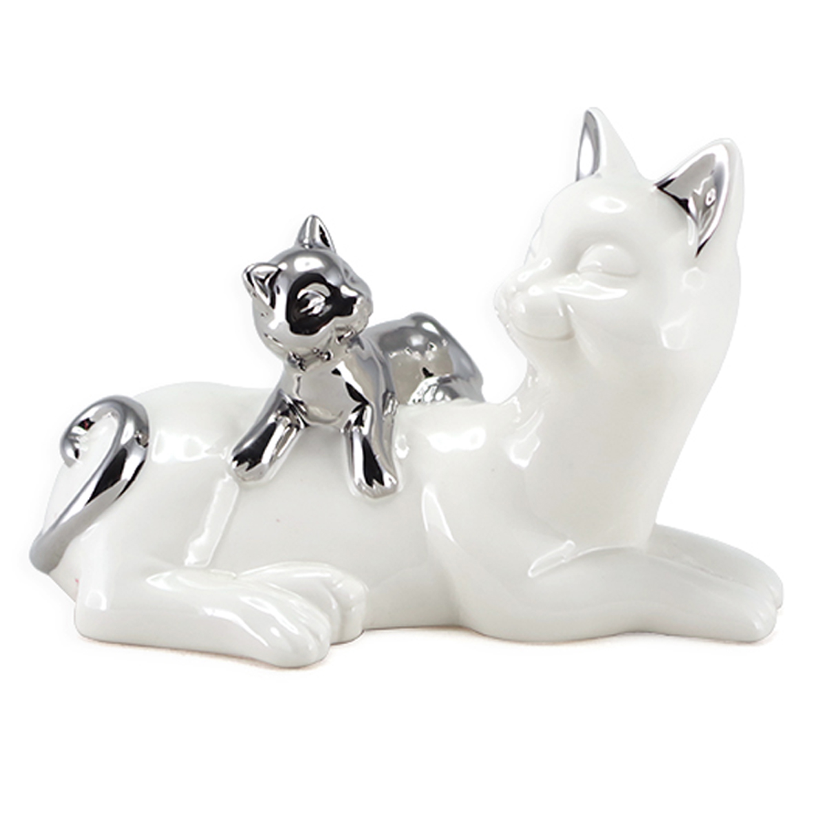 Figurine céramique \'Chats\' argenté blanc (famille) - 20x13x11 cm - [A2473]