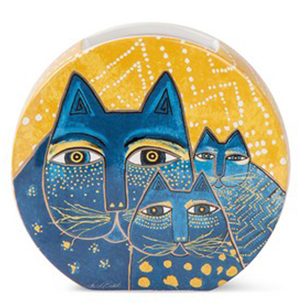 Vase céramique \'Laurel Burch\' jaune bleu (chats) - 17x16 cm - [A2666]