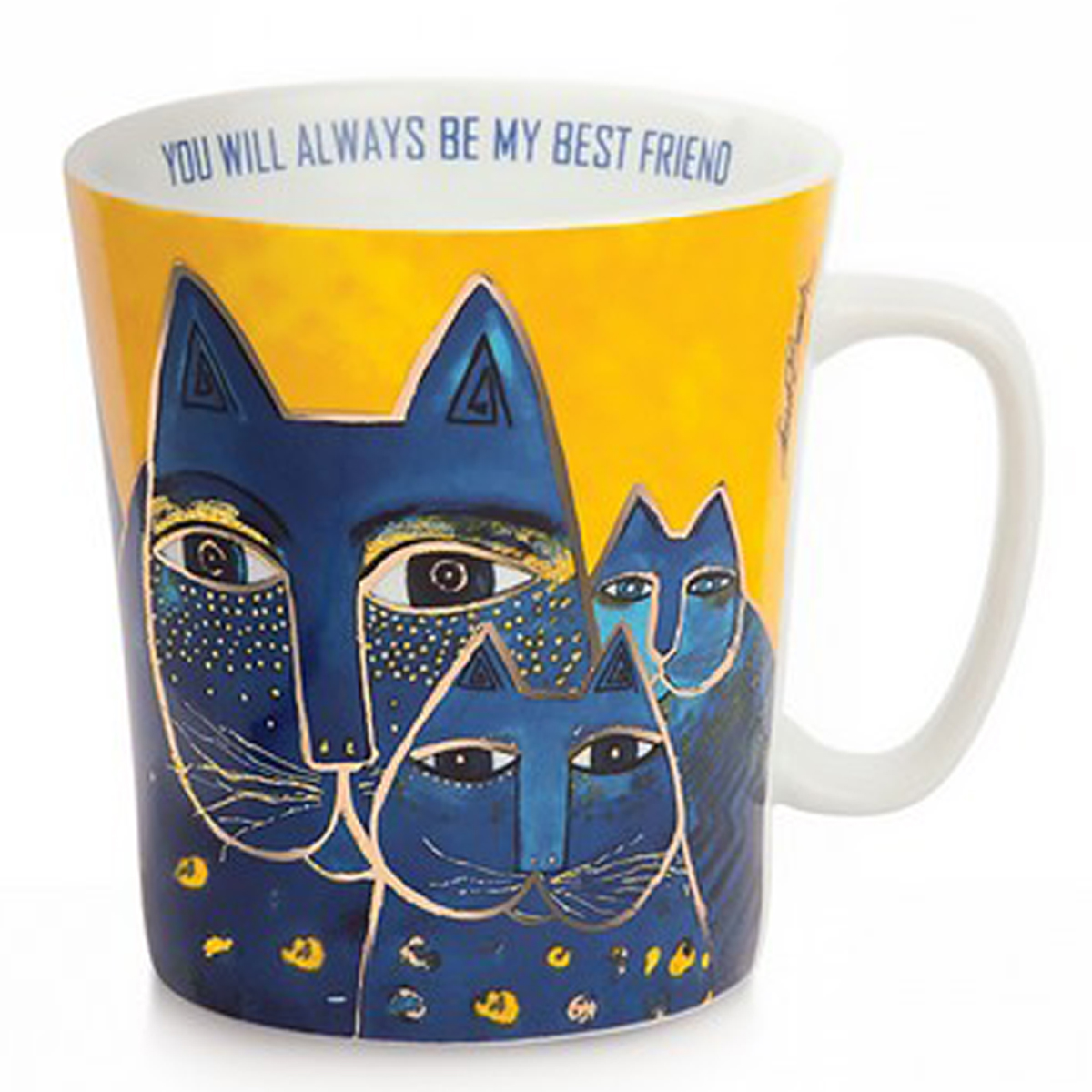 Mug porcelaine \'Laurel Burch\' jaune bleu multicolore (chats) - 10x9 cm (430 ml) - [A2678]
