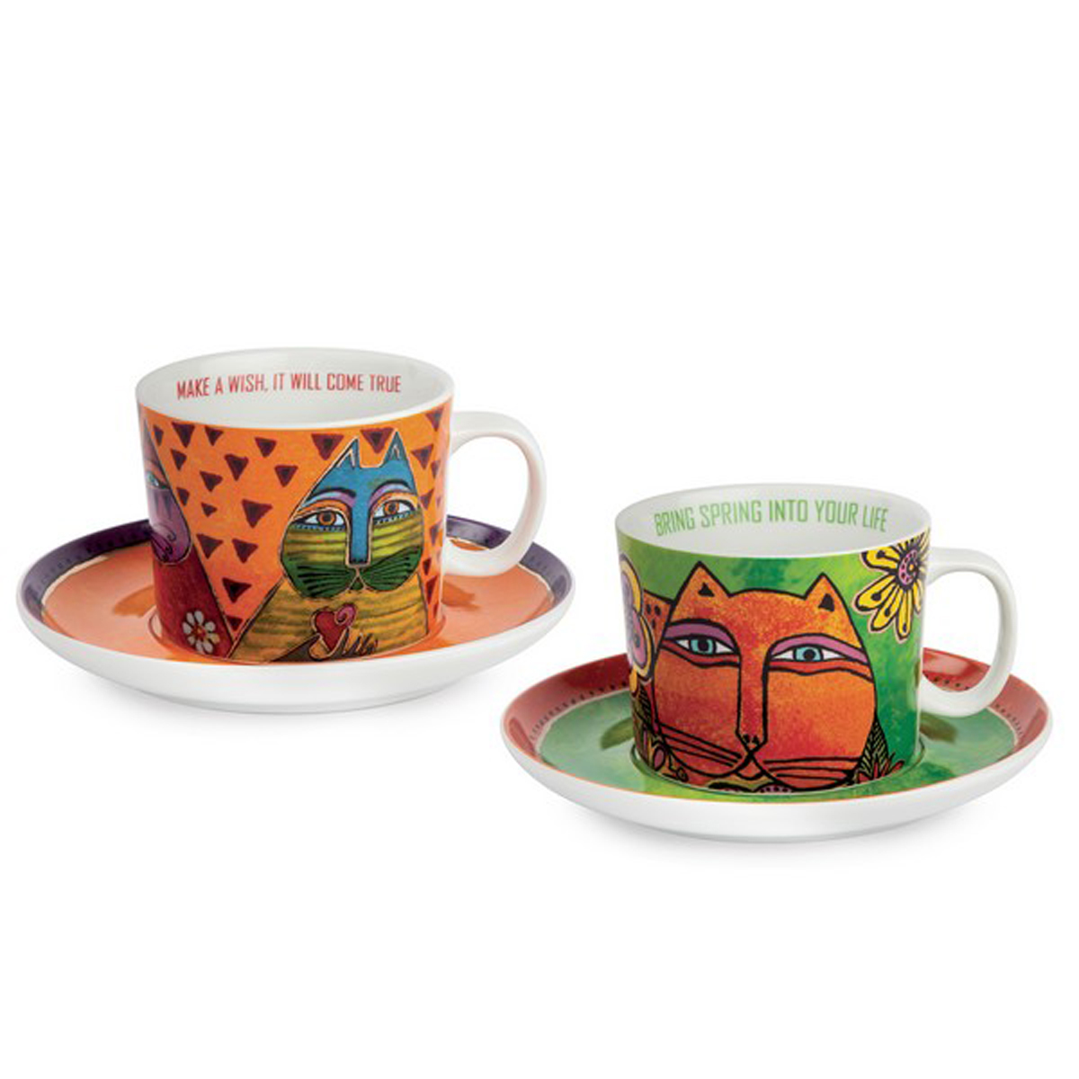 Coffret duo déjeuner porcelaine \'Laurel Burch\' orange vert (chats) - tasse 9x7 cm (340 ml) - [A2687]