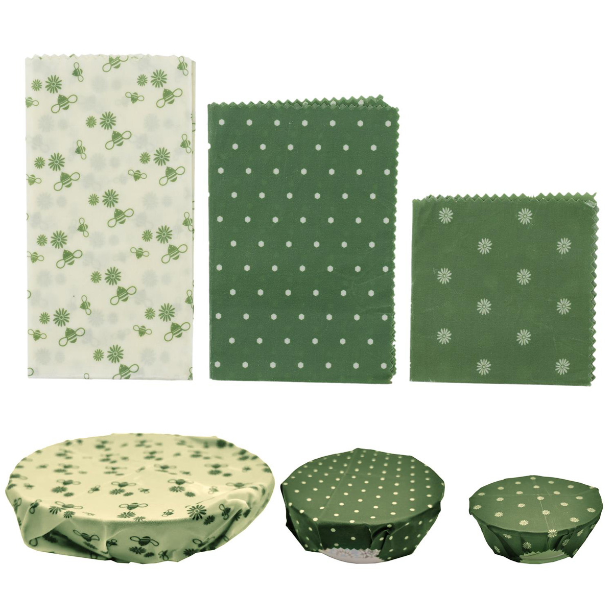 Set de 3 emballage alimentaire \'Cire d\'Abeille\' vert - 20x20, 20x30 et 35x35 cm (réutilisable) - [A2888]