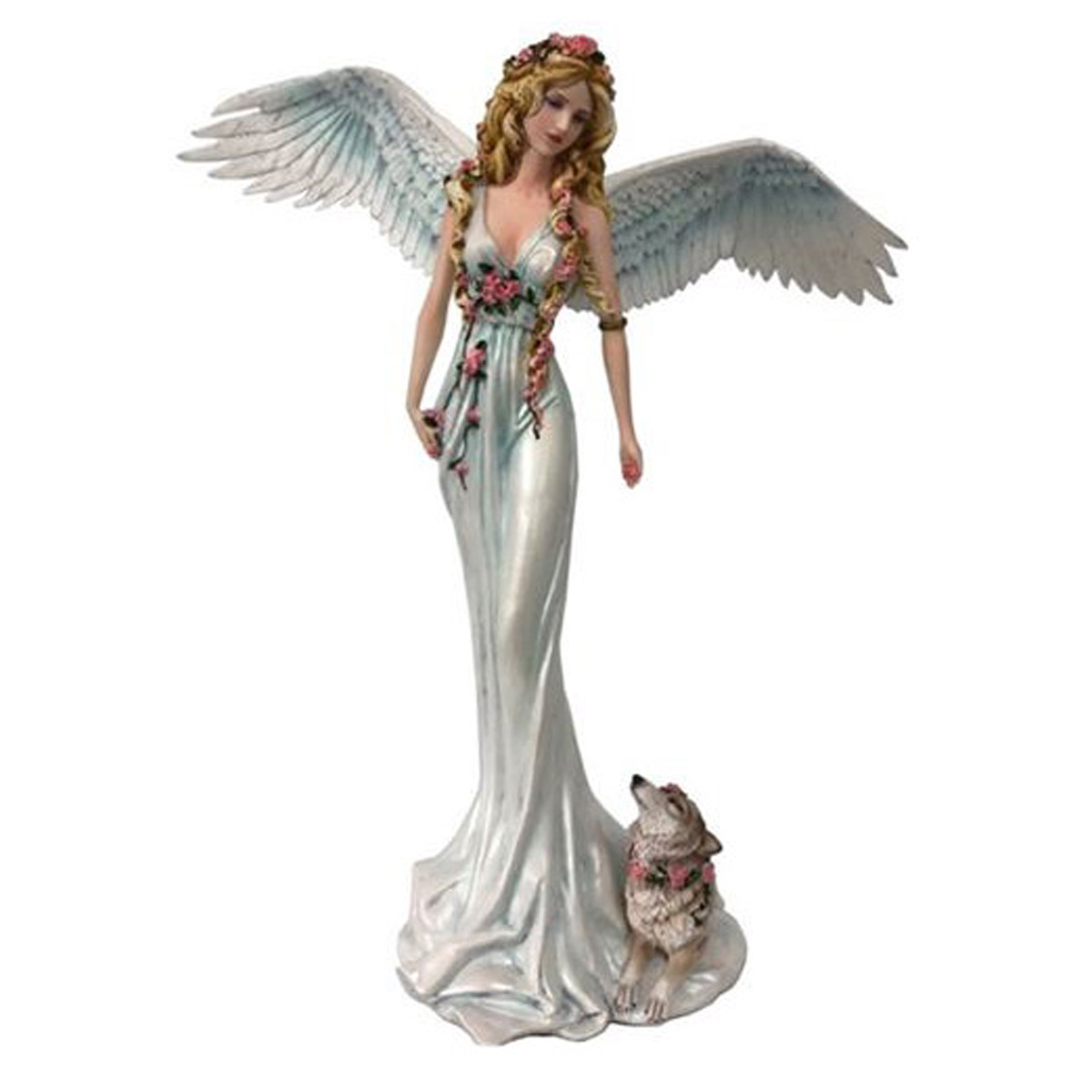 Figurine \'Fairy Dreams\' bleu blanc (fée ange et loup) - 40x36x20 cm - [A2986]