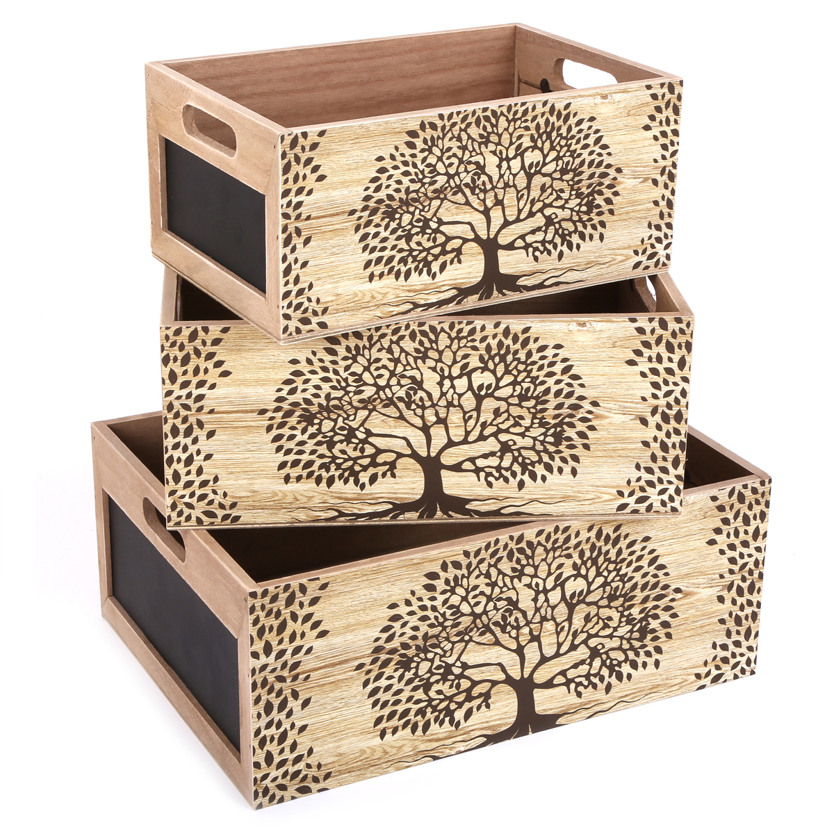Set de 3 cagettes gigognes bois \'Arbre de Vie\' beige noir - 40x31x22 cm - [A3080]