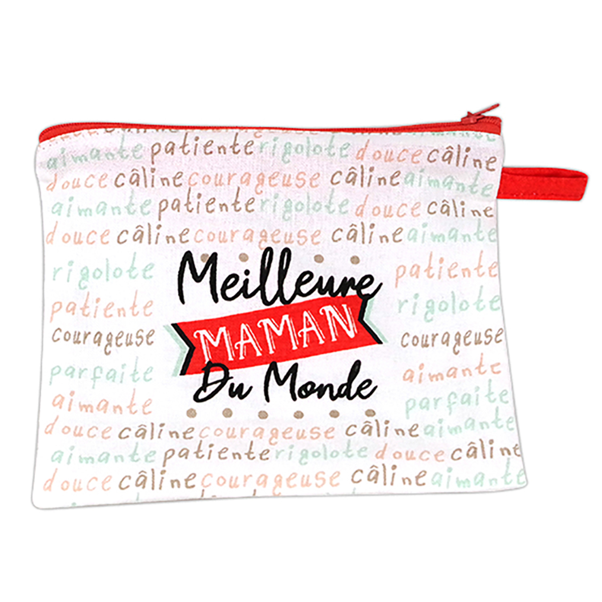 Trousse plate coton \'Meilleure Maman du Monde\' rouge blanc - 20x14 cm - [A3235]