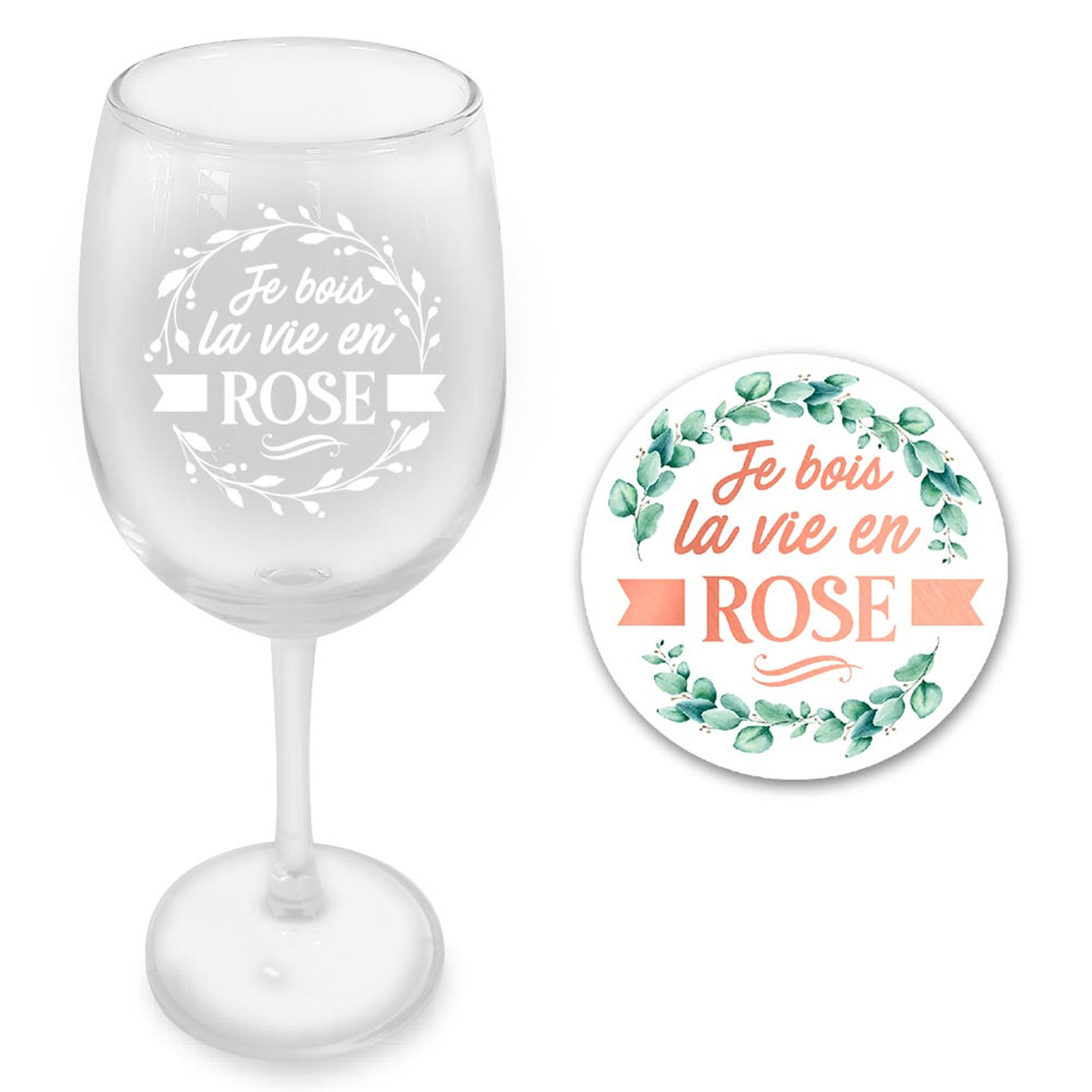 Coffret verre à vin + dessous de verre \'Je bois la Vie en Rose\' - 23x10 cm - [A3250]