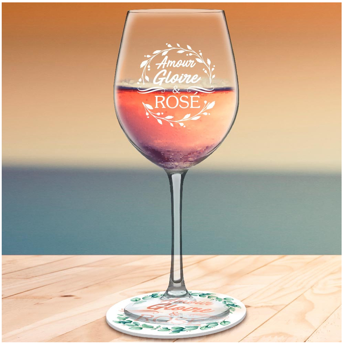Coffret verre à vin + dessous de verre \'Amour, Gloire et Rosé\' - 23x10 cm - [A3251]